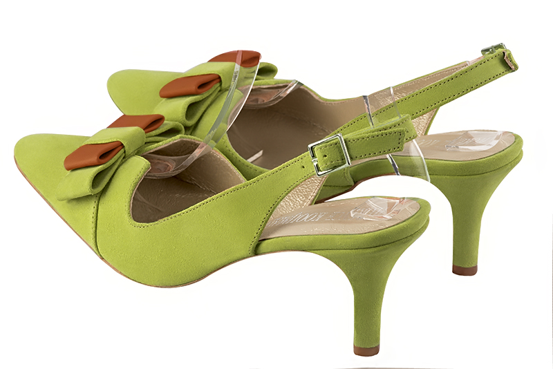 Pistachio green women's open back shoes, with a knot. Tapered toe. High slim heel. Rear view - Florence KOOIJMAN